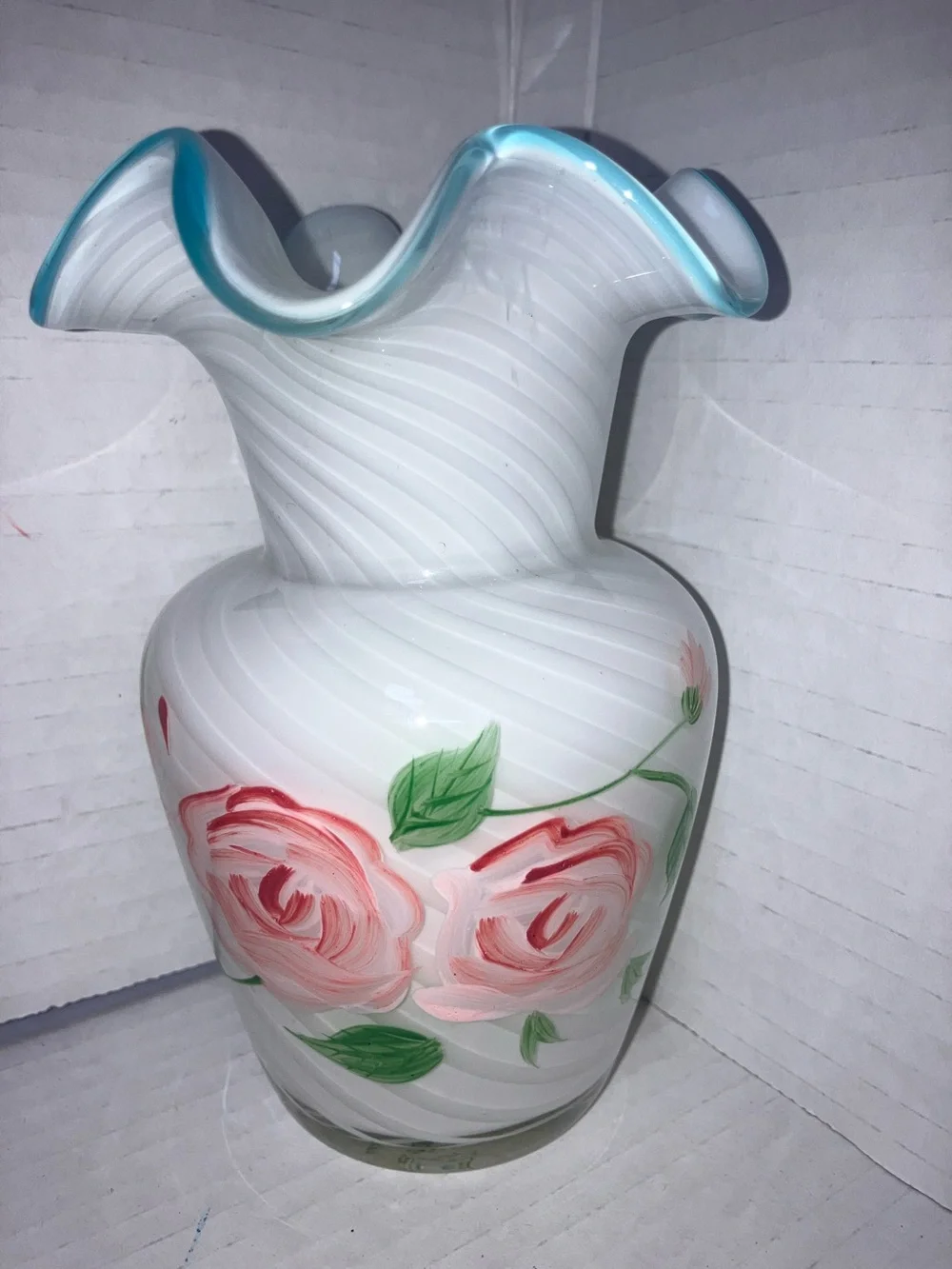 Hand-Painted White Pink  Rose  Floral Glass Vase with Blue Scalloped Rim 6” Vtg